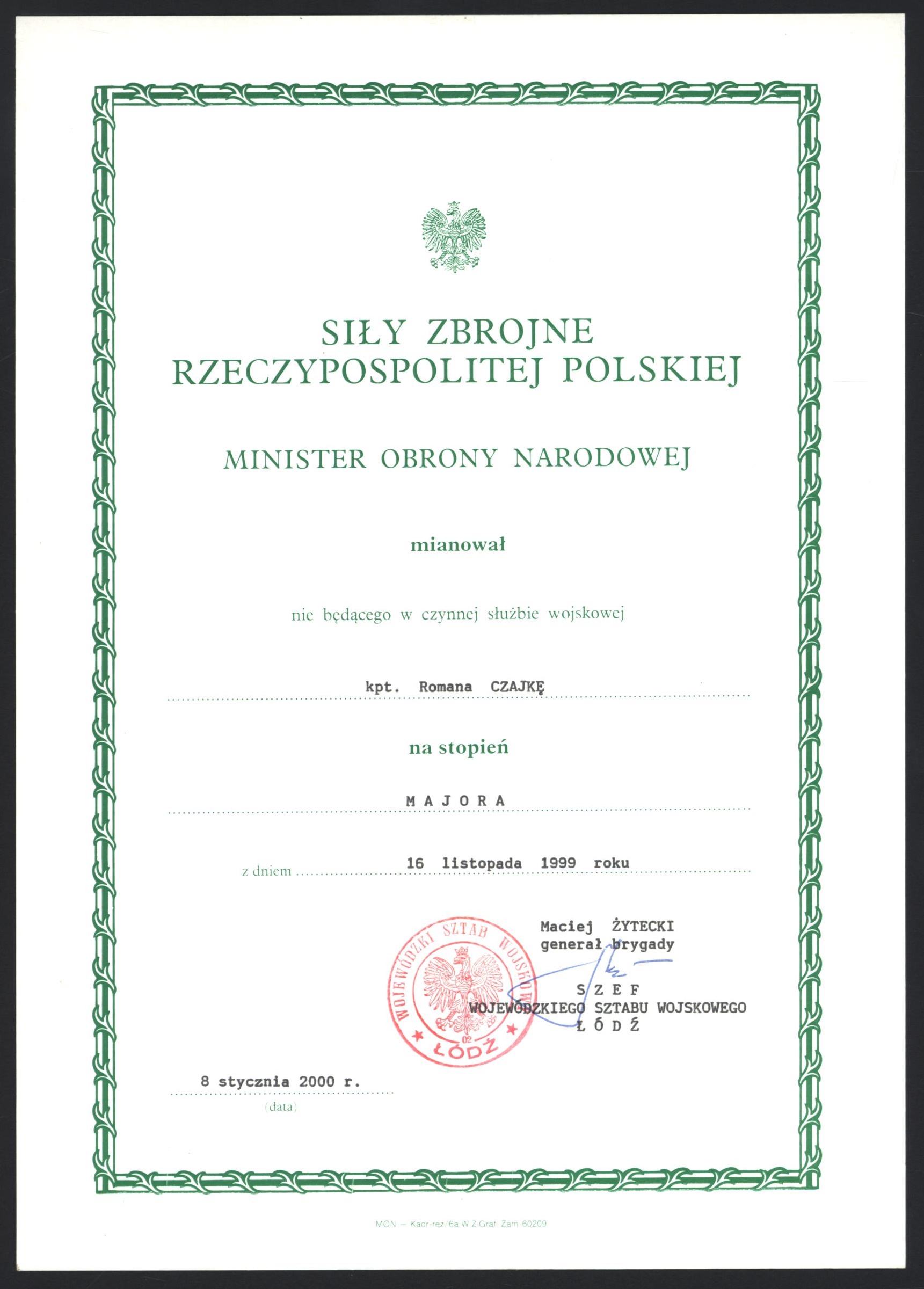 Dokument awansowy kpt. Romana Czajki na majora Wojska Polskiego.